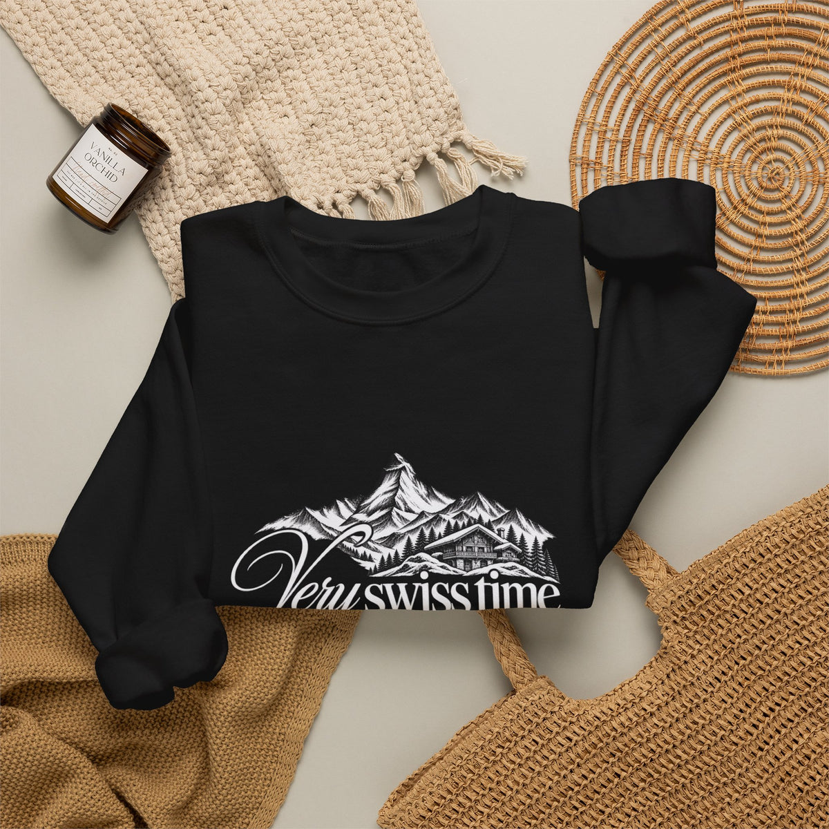 Very Swiss Time Crewneck Sweatshirt — Mountain Ski Chalet Graphic