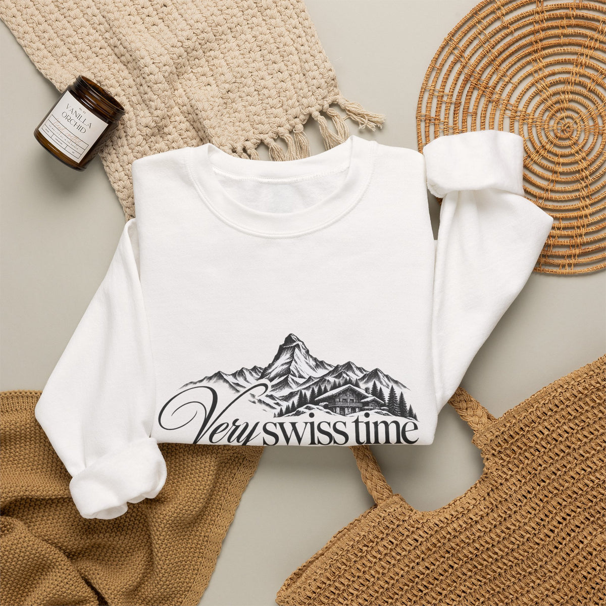 Very Swiss Time Crewneck Sweatshirt — Mountain Ski Chalet Graphic